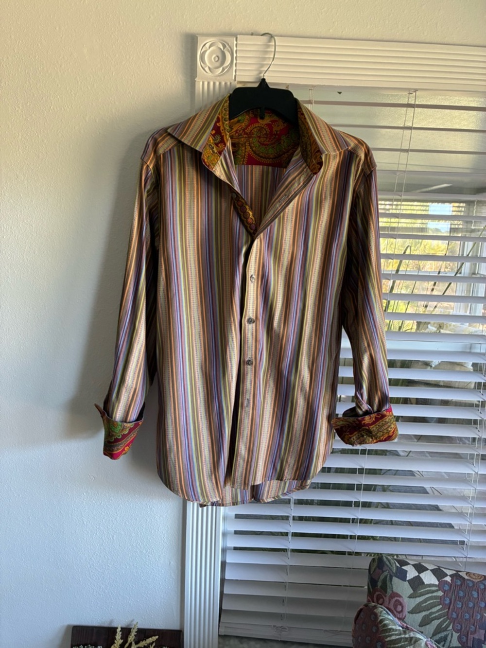 Robert Graham Multicolor Striped Button-Down Shirt with Paisley Trim